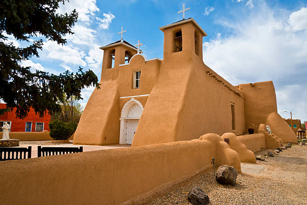 Bell tower of historic well preserved Mission San Jose de Laguna in Old Laguna settlement of Pueblo of Laguna Native American reservation, New Mexico, USA
