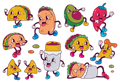 Set of junk food in retro cartoon style illustration, vintage character vector art collection
