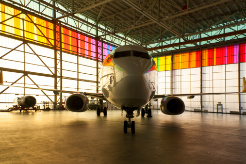 Commercial Airplane Maintenance Check in Hangar