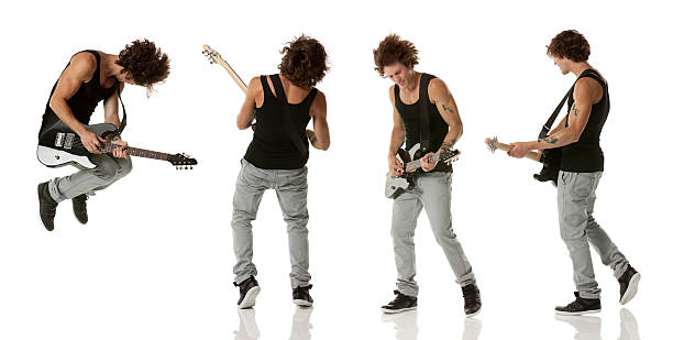 multiple image d'un guitariste - isolated on white studio shot guitar young men photos et images de collection