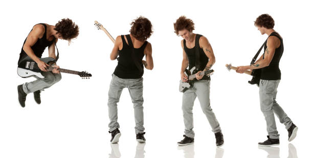 várias imagens de um guitarrista - isolated on white studio shot guitar young men - fotografias e filmes do acervo