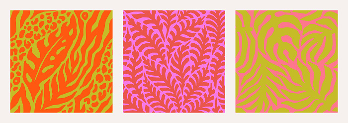 Abstract Floral Tropical Seamless Patterns Set in Trendy Radiant Red, Cyber Lime and Pink Colors. Vector Palm Leaves, Leopard and Zebra Stripes Print in Contemporary Collage Style