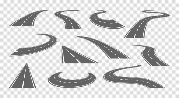 Vector illustration of Street road path, highway in perspective. Winding pathway lane, straight way to horizon, asphalt speedway. City autobahn kit, creator parts. Crossroad constructor. Vector current design set