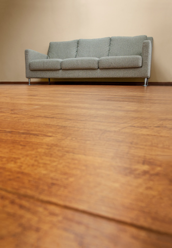 Modern couch on wooden floor. Focus is on the couche.