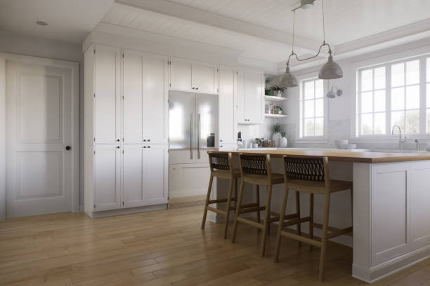 istock White U-shaped kitchen with windows, kitchen appliances and utensils. Stylish, bright kitchen in a traditional style. 3D rendering 1808725620