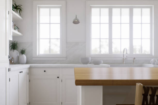 istock Wooden countertop, empty surface to place your goods, with a blurred kitchen background in the background. Stylish, bright kitchen in traditional style. 3D rendering 1808725622