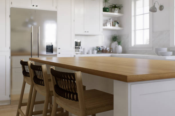 istock Wooden countertop, empty surface to place your goods, with a blurred kitchen background in the background. Stylish, bright kitchen in traditional style. 3D rendering 1808725625
