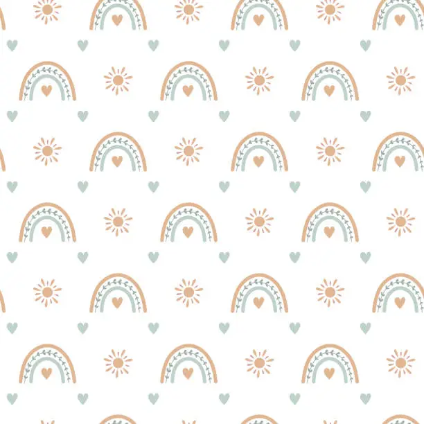 Vector illustration of Boho baby rainbow seamless pattern. Boho color rainbow background for your project.