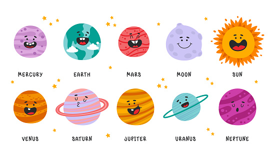 Cute kawaii planet of solar system, funny cartoon astronomy characters with friendly smiling faces set. Hand drawn galaxy body print design for kids development and education vector illustration