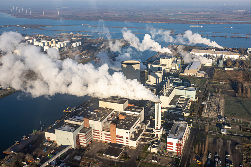 Aerial view energy power plant industrial area Moerdijk, The Netherlands