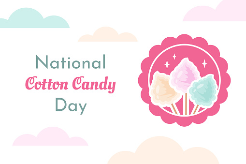 Cotton candy day.  Festive banner. Retro cartoon pink booth with vintage frame, color puffy sweet dessert. Cotton candy machine with delicious yummy food for children. Vector illustration