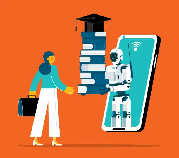 Vector illustration of education learning process artificial intelligence - Businesswoman