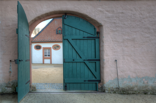 An old farm gate with house behind, Seligenstadt.
