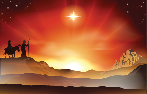 Mary and Joseph Nativity Christmas illustration with Mary and Joseph journeying through the dessert with a donkey and the city of Bethlehem in the background. Vector file is eps 10 and uses transparency blends and gradient mesh