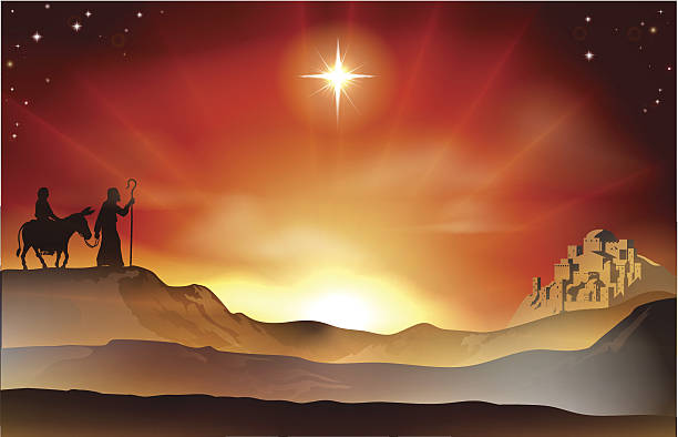 Nativity Christmas story illustration Mary and Joseph Nativity Christmas illustration with Mary and Joseph journeying through the dessert with a donkey and the city of Bethlehem in the background. Vector file is eps 10 and uses transparency blends and gradient mesh nativety stock illustrations