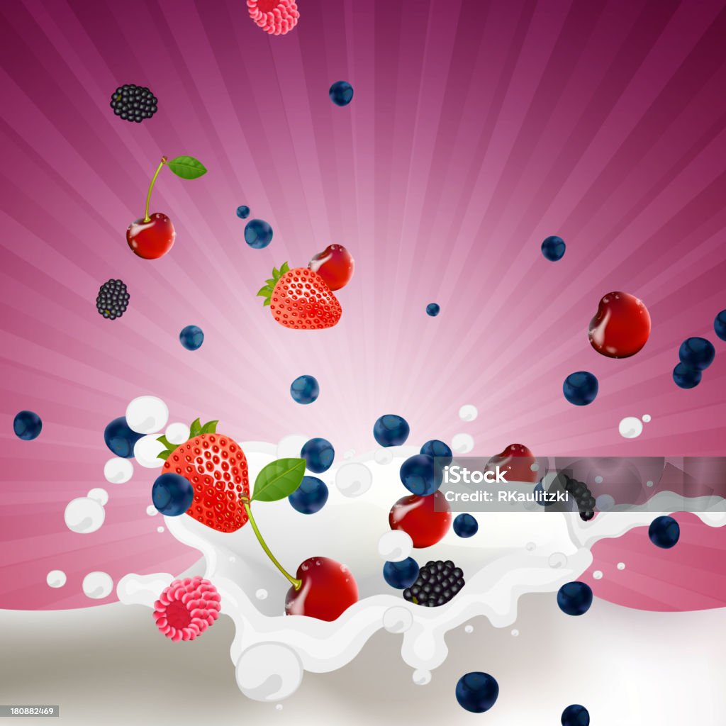 Вектор ягоды падающие в всплеск молока - Векторная графика Белый роялти-фри