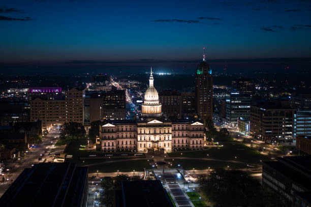 istock Drone Shot of the Michigan State Capitol at Night 1808836607