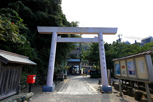 Japan - Miyajima Island near Hiroshima - Grand Tori Gate of Itsukushima Jinja  -Venerable 16th-century Shinto shrine with iconic orange gate that \