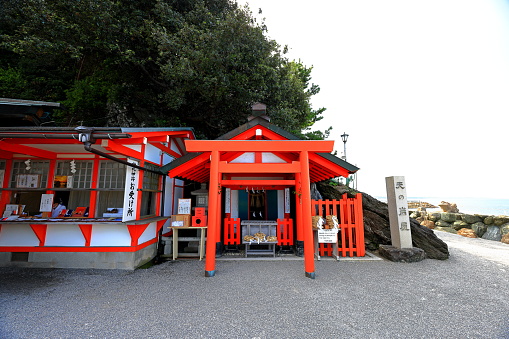 Mie, Japan- September 28th, 2023:  Shrine near Sacred Meoto Iwa (Wedded Rocks) at Futami, Mie Prefecture, Japan