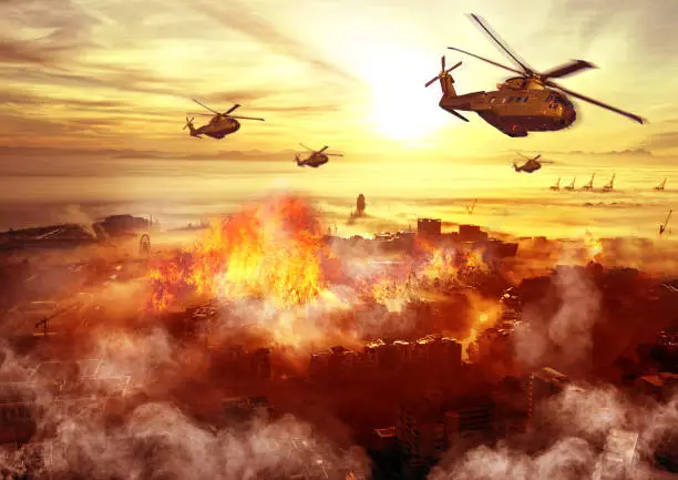 Conflict, military and helicopter with fire in explosion for service, army duty and battle in city. Mockup, apocalypse and airforce with bombs for armed forces, defense and warfare in battlefield