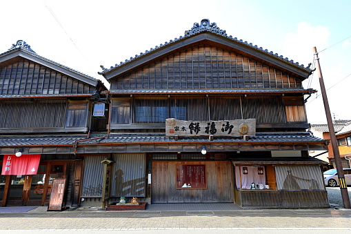 Mie, Japan- September 28th, 2023: Traditional building near Futamiokitama Shrine and Sacred Meoto Iwa (Wedded Rocks) at Futami, Mie Prefecture, Japan