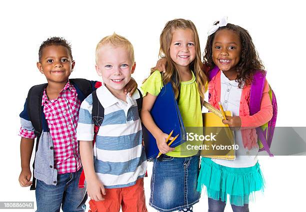 Elementary School Kids Group Stock Photo - Download Image Now - Back to School, Child, Backpack