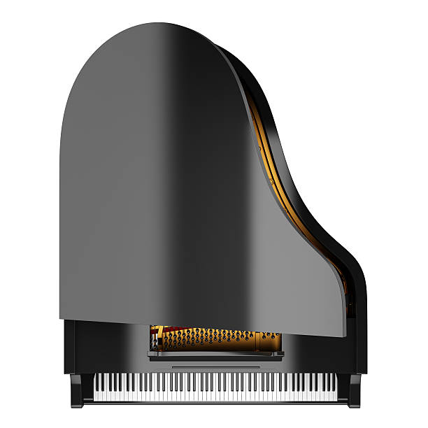 มุมมองด้านบนของเปียโนแกรนด์สีดําแยกบนพื้นหลังสีขาว - grand piano ภาพสต็อก ภาพถ่ายและรูปภาพปลอดค่าลิขสิทธิ์