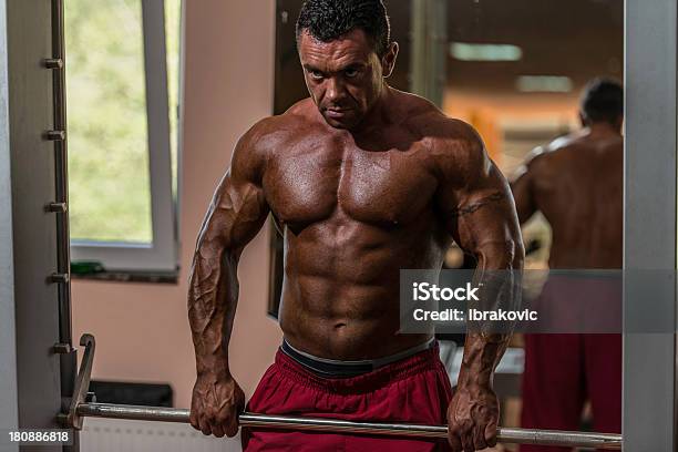 雄 Bodybuilder 重い体重をエクササイズにトラップ - 1人のストックフォトや画像を多数ご用意 - 1人, アクティブライフスタイル, インストラクター