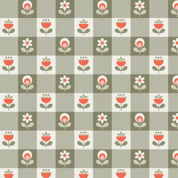Vector illustration of Abstract geometric seamless and checkered patterns with flowers in green beige and orange colors.