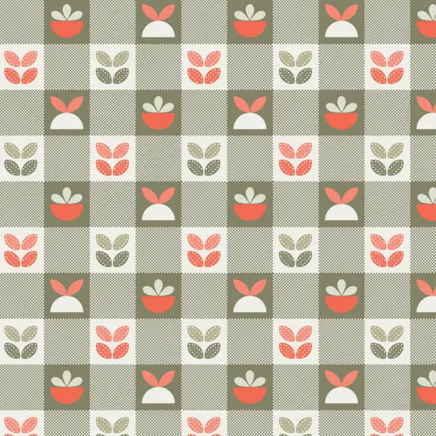 Vector illustration of Abstract geometric seamless and checkered patterns with leaves and flowers in green beige and orange colors.
