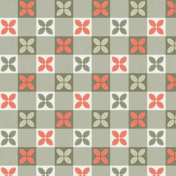 Vector illustration of Abstract geometric seamless and checkered patterns with green and orange leaves.