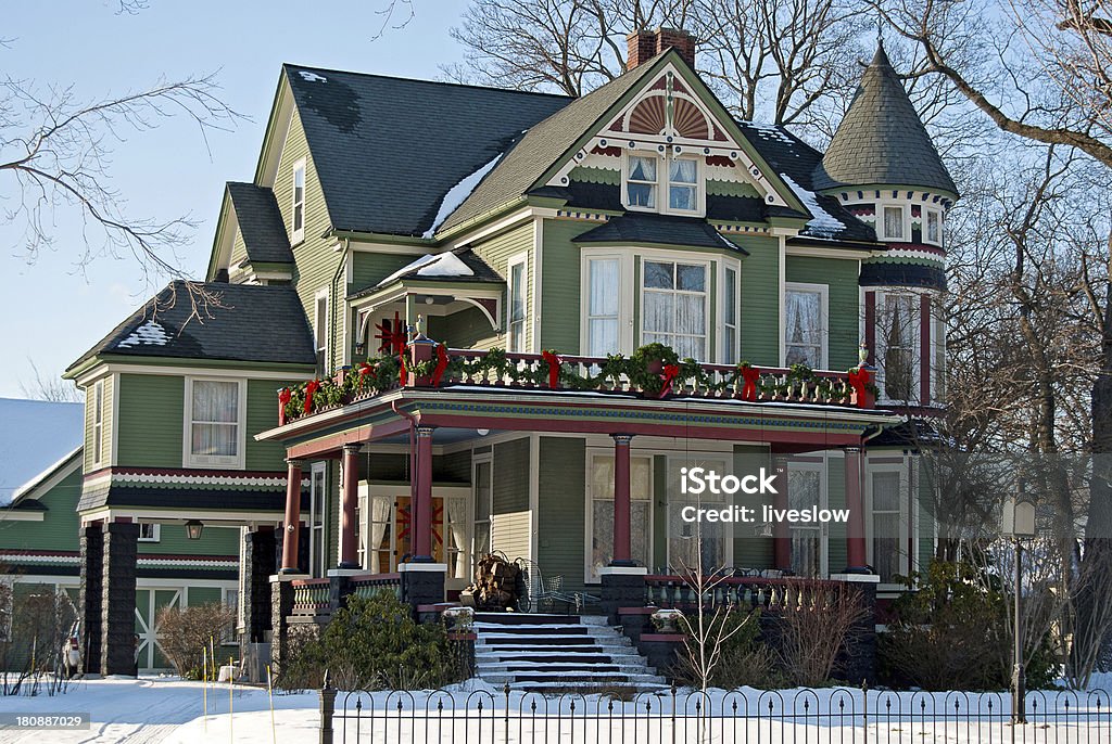 Victorian house at Christmas time Old Victorian home decorated for Christmas. House Stock Photo