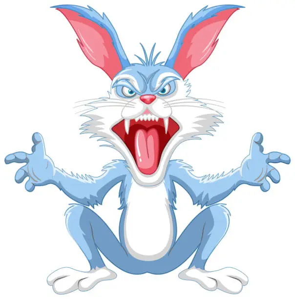Vector illustration of Crazy Rabbit Cartoon Sitting with Sharp Teeth
