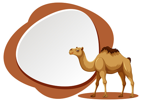 A cartoon illustration of a cute camel walking banner