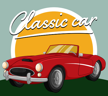 A vector cartoon illustration of a classic red vintage convertible car