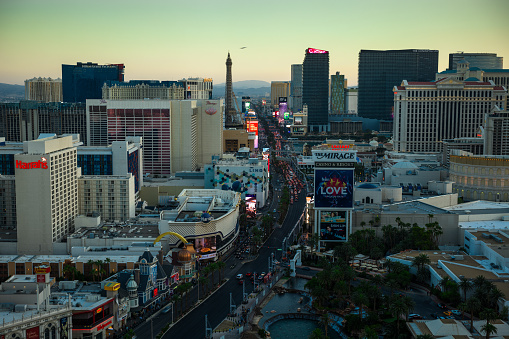 Panorama cityscape view of Las Vegas at sunset in Nevada, United States of America