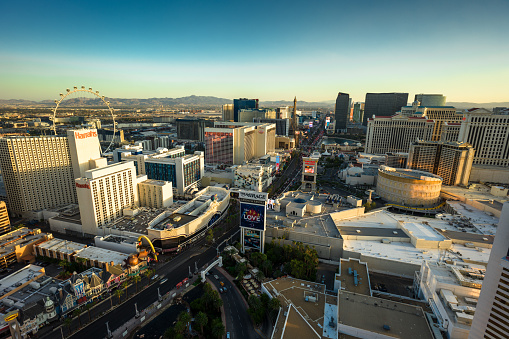 Aerial shot of casinos and hotels on the Las Vegas strip at sunset. Authorization was obtained from the FAA for this operation in restricted airspace.