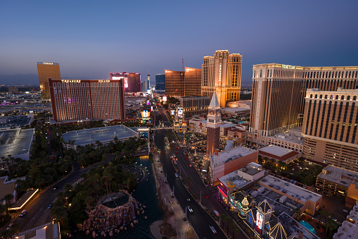 Las Vegas Nevada  04-05-2023 Aerial views of the famous Las Vegas Strip with the neon lights glimmering with views of the Bellagio and Paris Casinos