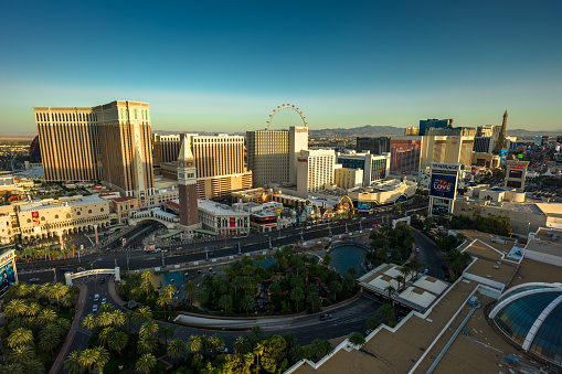 Aerial shot of casinos and hotels on the Las Vegas strip at sunset. Authorization was obtained from the FAA for this operation in restricted airspace.