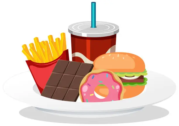 Vector illustration of Unhealthy Junk Food Plate Set with Soda Drink, Fries, Burger, Donut, and Chocolate