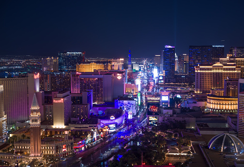 Las Vegas, United States - November 24, 2022: A panorama picture of Las Vegas at night, with the Strip on the right and the T-Mobile Arena on the left.