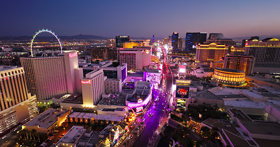 Las Vegas, USA - July 17, 2018 Panoramic view of Las Vegas strip at night in Nevada.