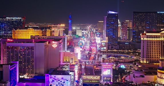 Aerial shot of casinos and hotels on the Las Vegas strip at night. Authorization was obtained from the FAA for this operation in restricted airspace.