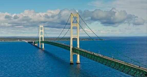 Aerial still image of Mackinac Bridge under a cloudy sky, with clear blue water underneath.