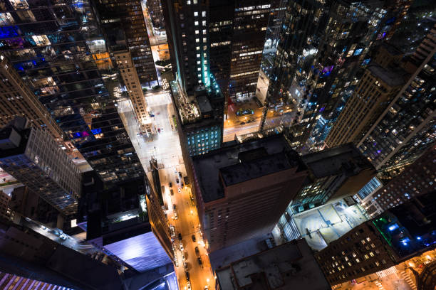 Aerial still image of downtown Chicago, Illinois at night.