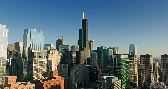 Chicago skyline aerial drone view from above, lake Michigan and city of Chicago downtown skyscrapers cityscape bird's view from park, Illinois, USA