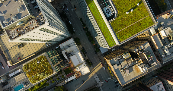 Aerial still image of downtown Chicago, Illinois on a clear, sunny day in Fall.