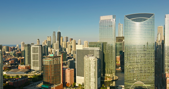 Chicago skyline and waterfront of the Chicago River, Illinois