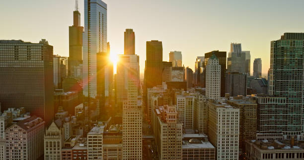 Chicago Skyscrapers at Sunset in Fall - Aerial