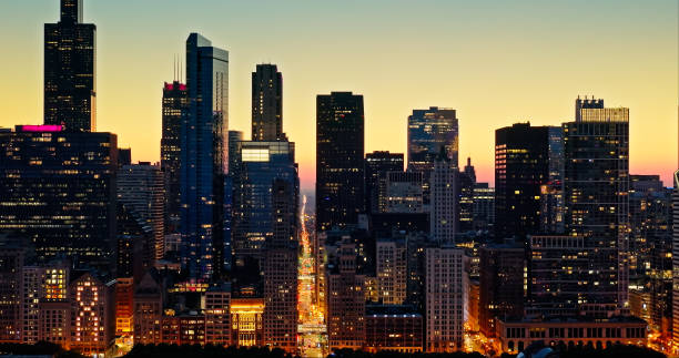 istock Drone Shot of Chicago Skyscrapers on a Fall Sunset 1808882153